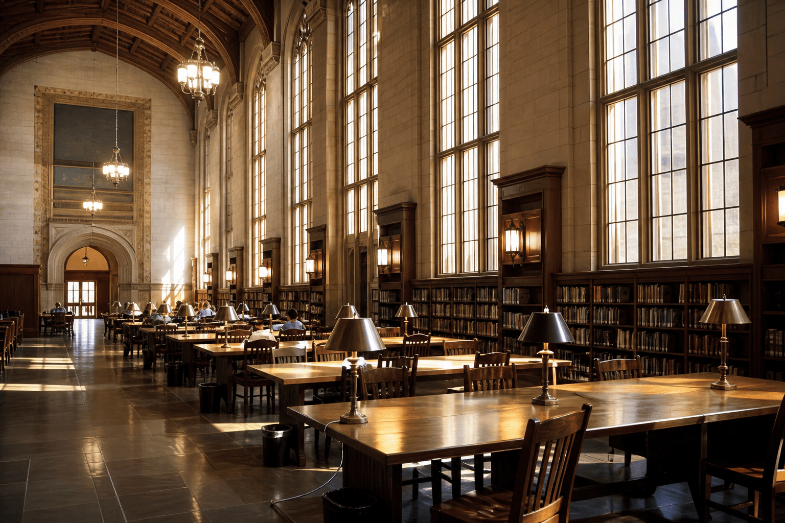 A quiet library atrium with tall windows and morning light