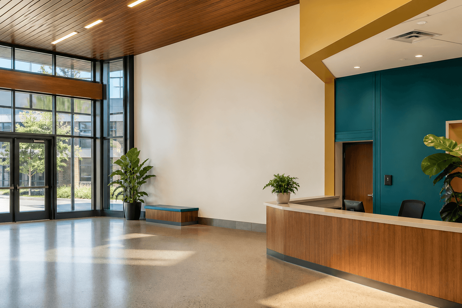 A modern school foyer with warm wood, glass, and a teal accent wall