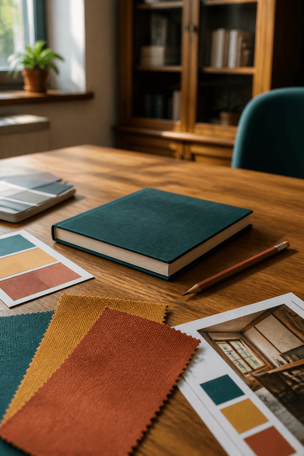 Color swatches and a notebook on a wooden table in afternoon light