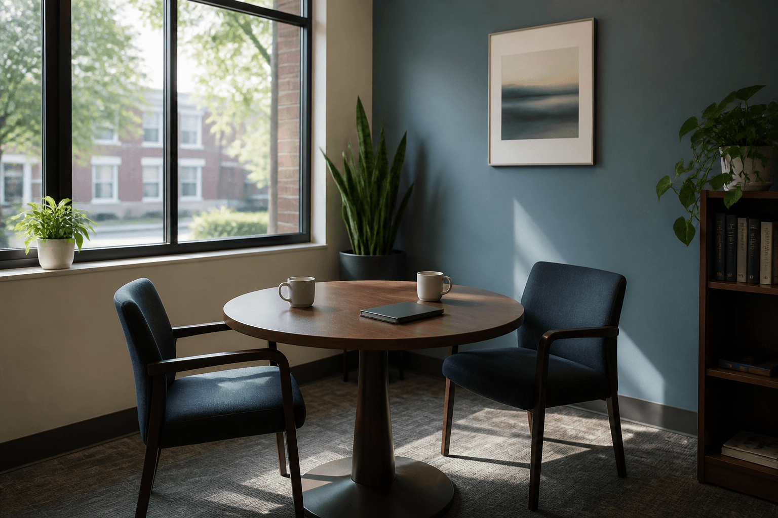 A quiet meeting table by a window in a school administration building