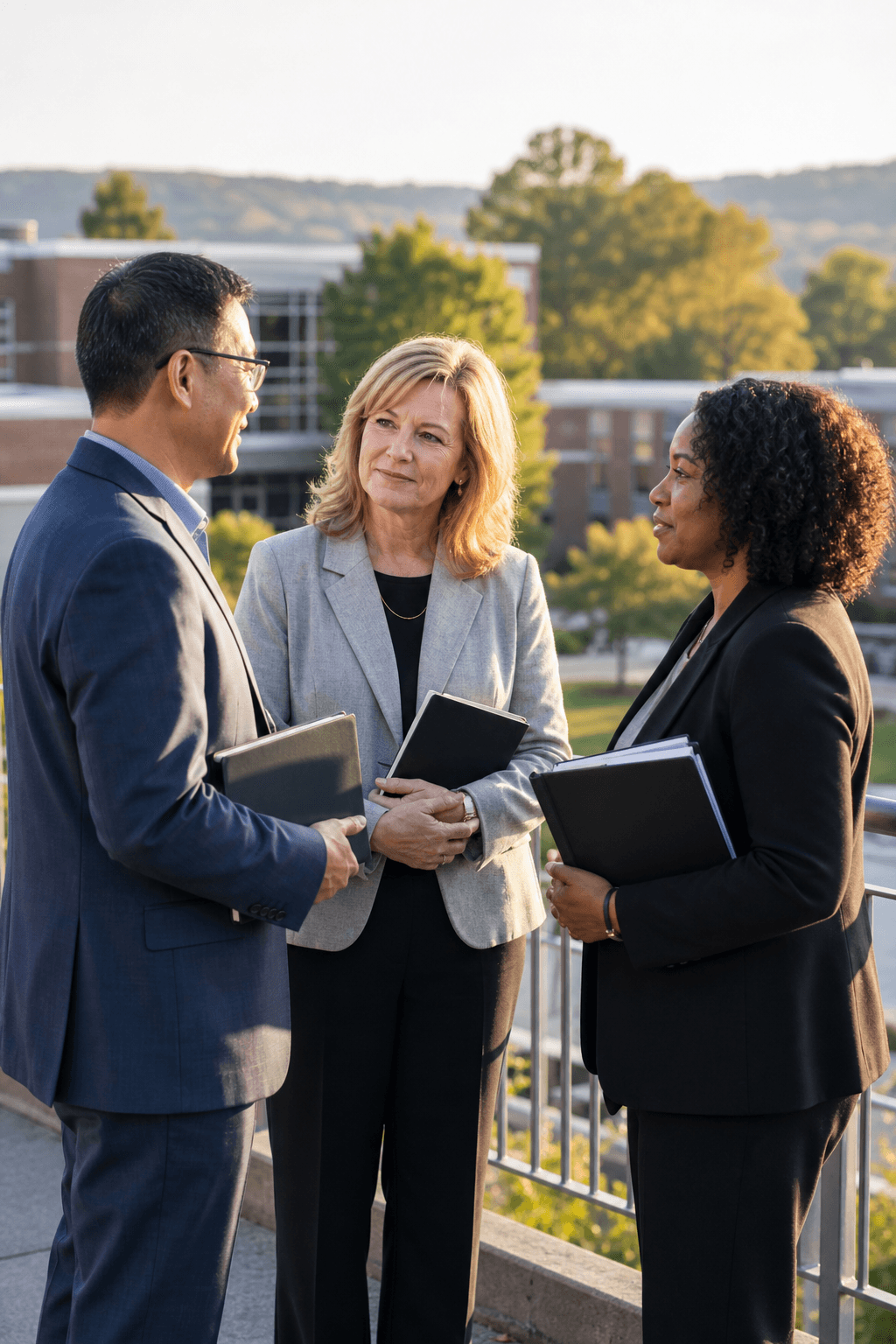 Education leaders talking on a terrace overlooking a school campus