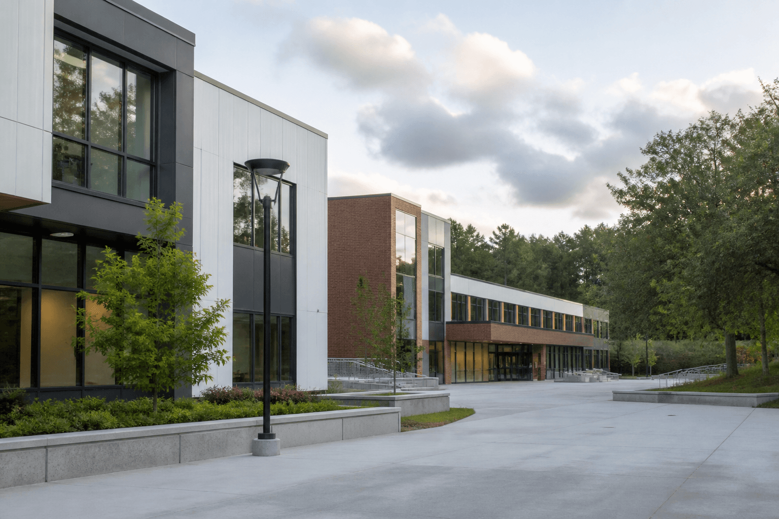 A modern school campus with connected buildings