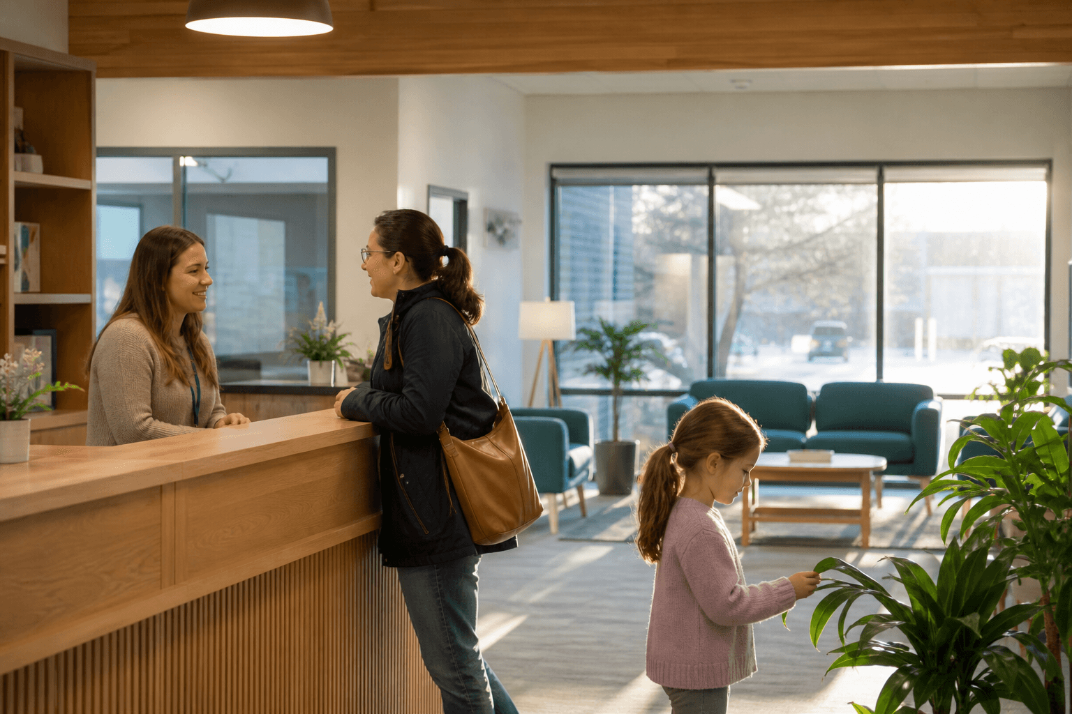 A school staff member speaking with a parent and child at the reception desk