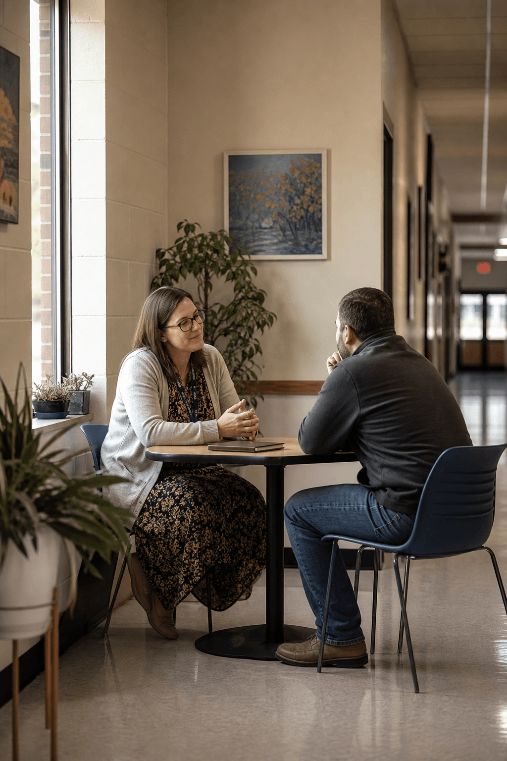 A parent and teacher talking quietly in a school hallway alcove