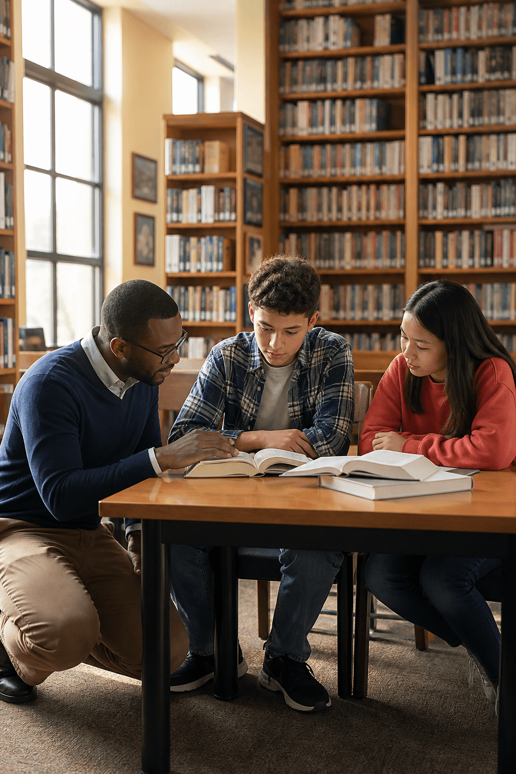 A teacher helping students in a school library