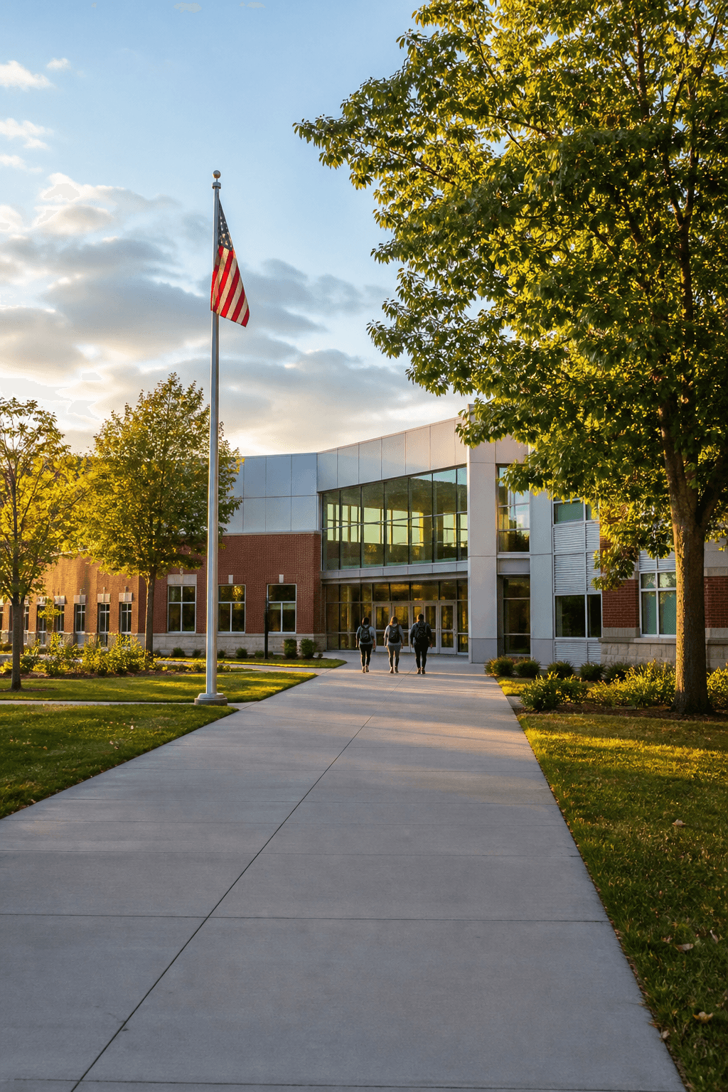 A school campus entrance in late afternoon light