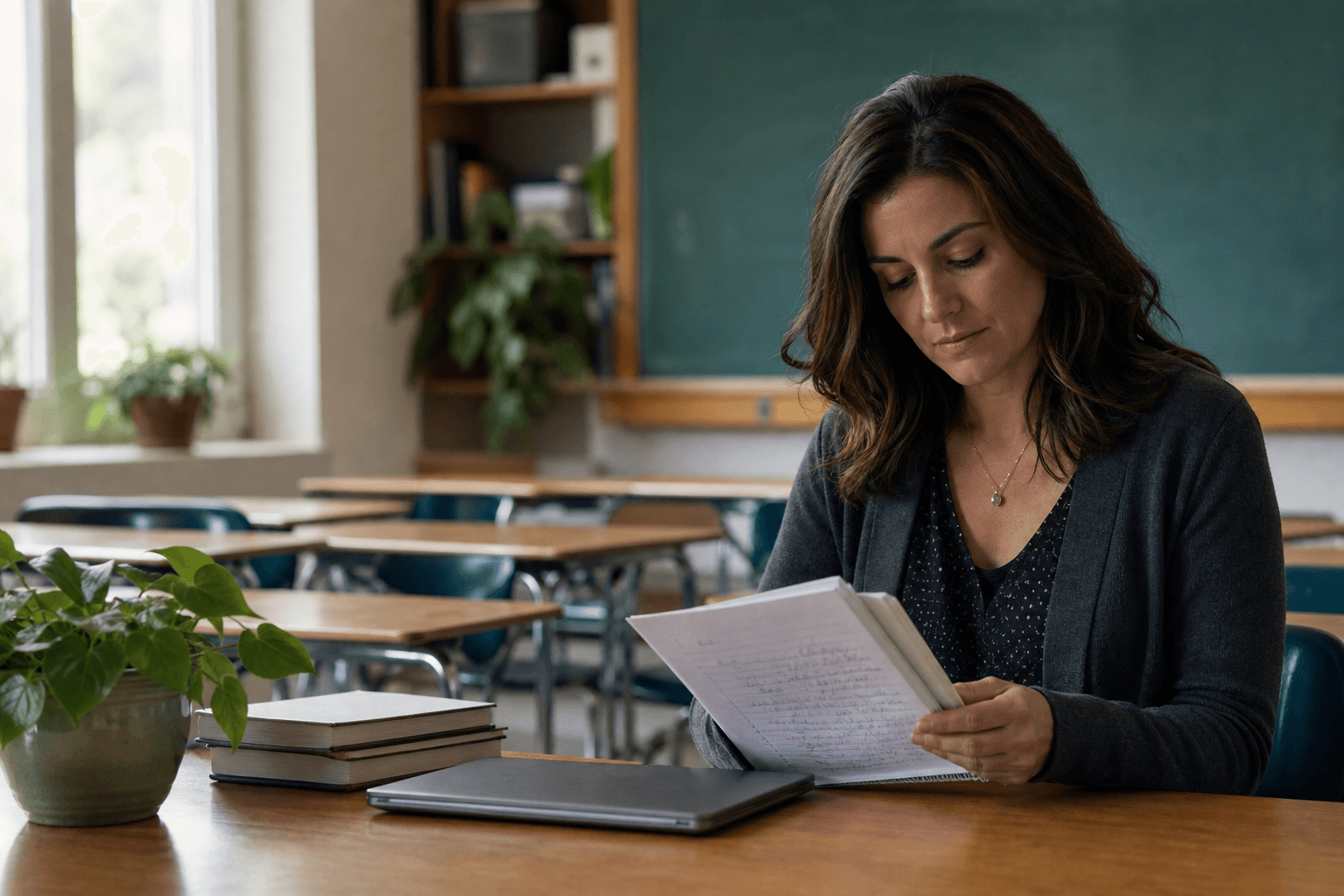A teacher reviewing notes at a classroom desk before class