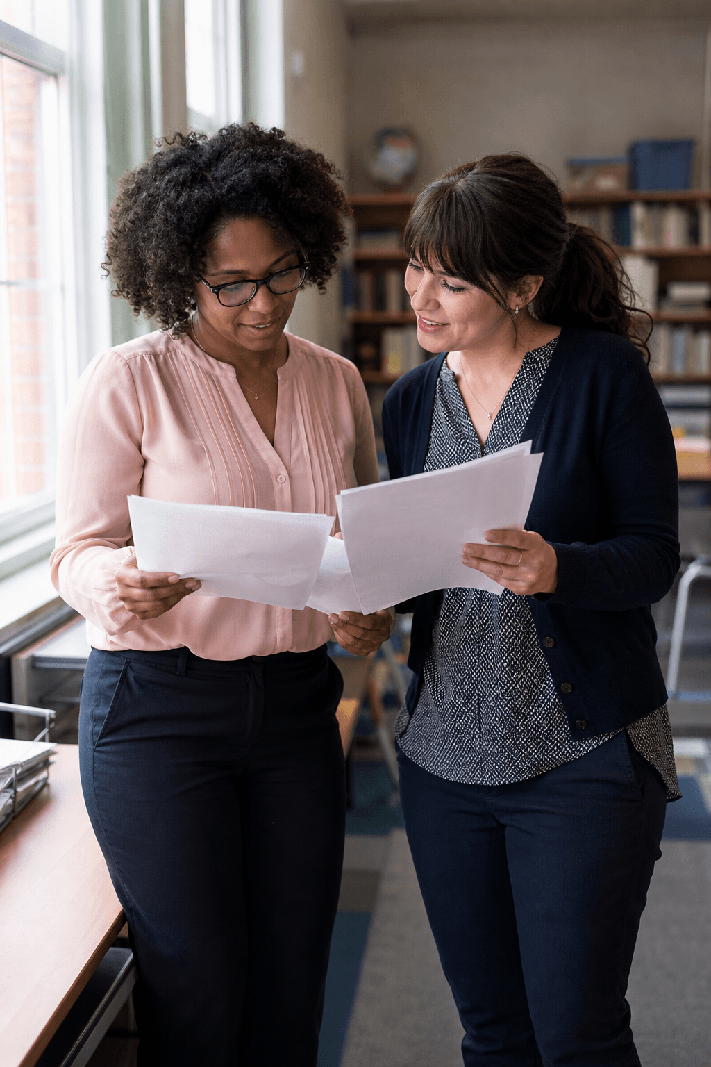 Two teachers comparing lesson outlines by a classroom window