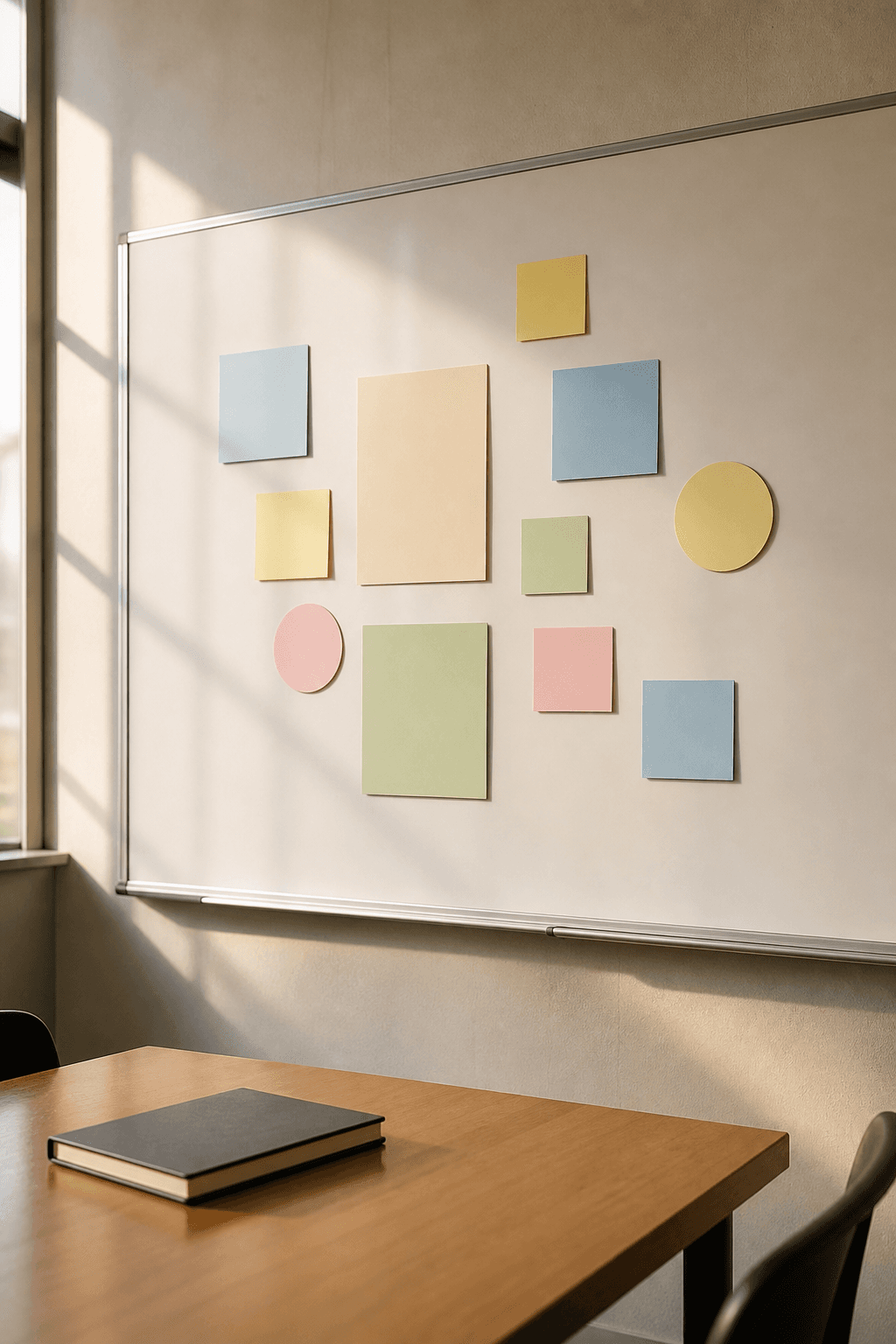 A school planning room with a whiteboard and afternoon light